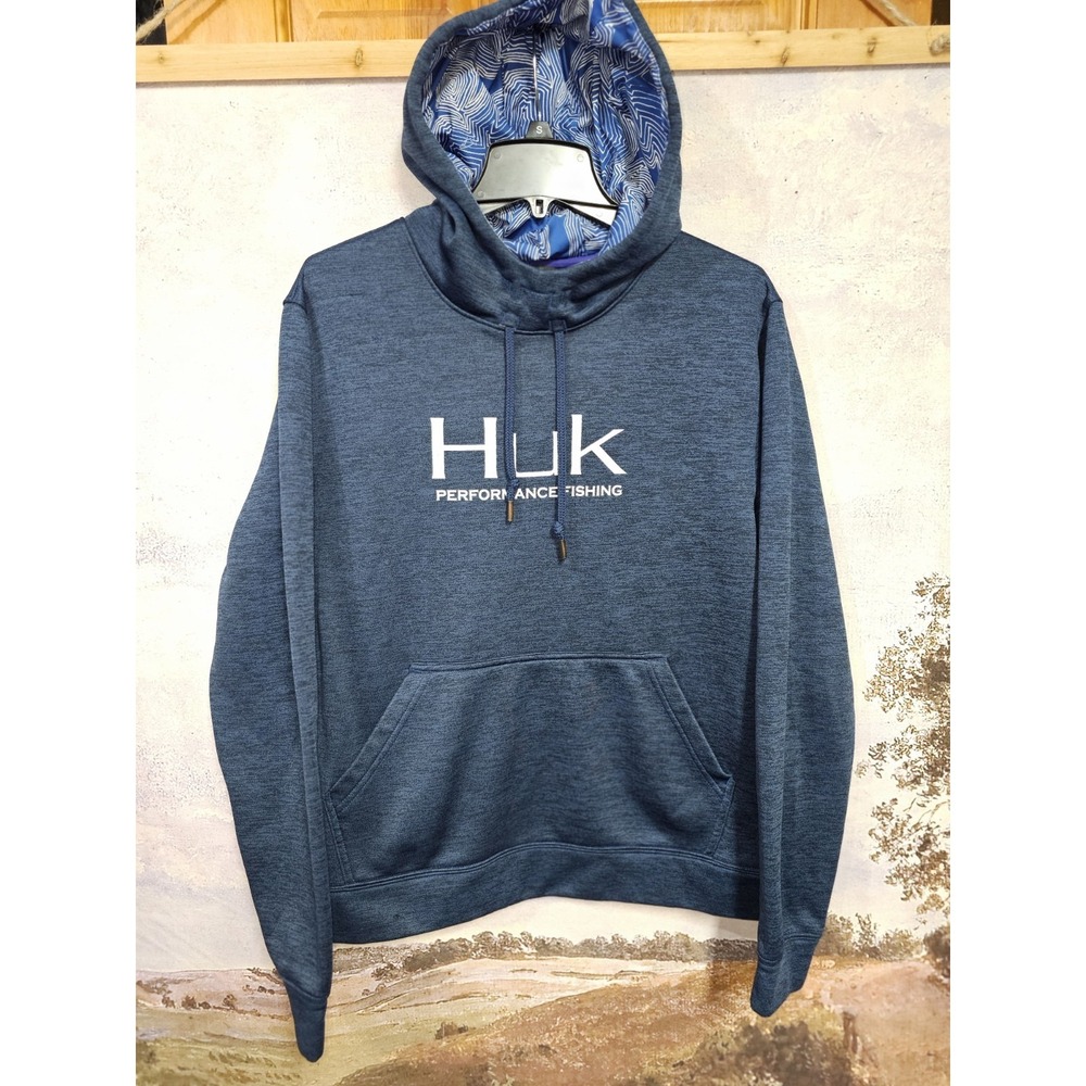 HUK Hoodie Mens Large Blue Hooded Pockets Fleece Long Sleeve Sweatshirt